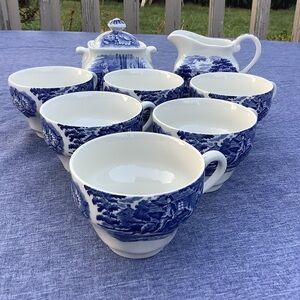 Antique Staffordshire Liberty Blue Sugar Creamer + 6 Teacups Blue White